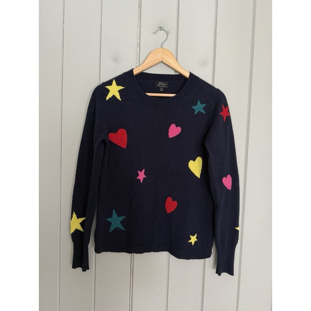 J. Crew Sweater S Small 100% Cashmere Navy Blue Hearts Stars Everyday Classic